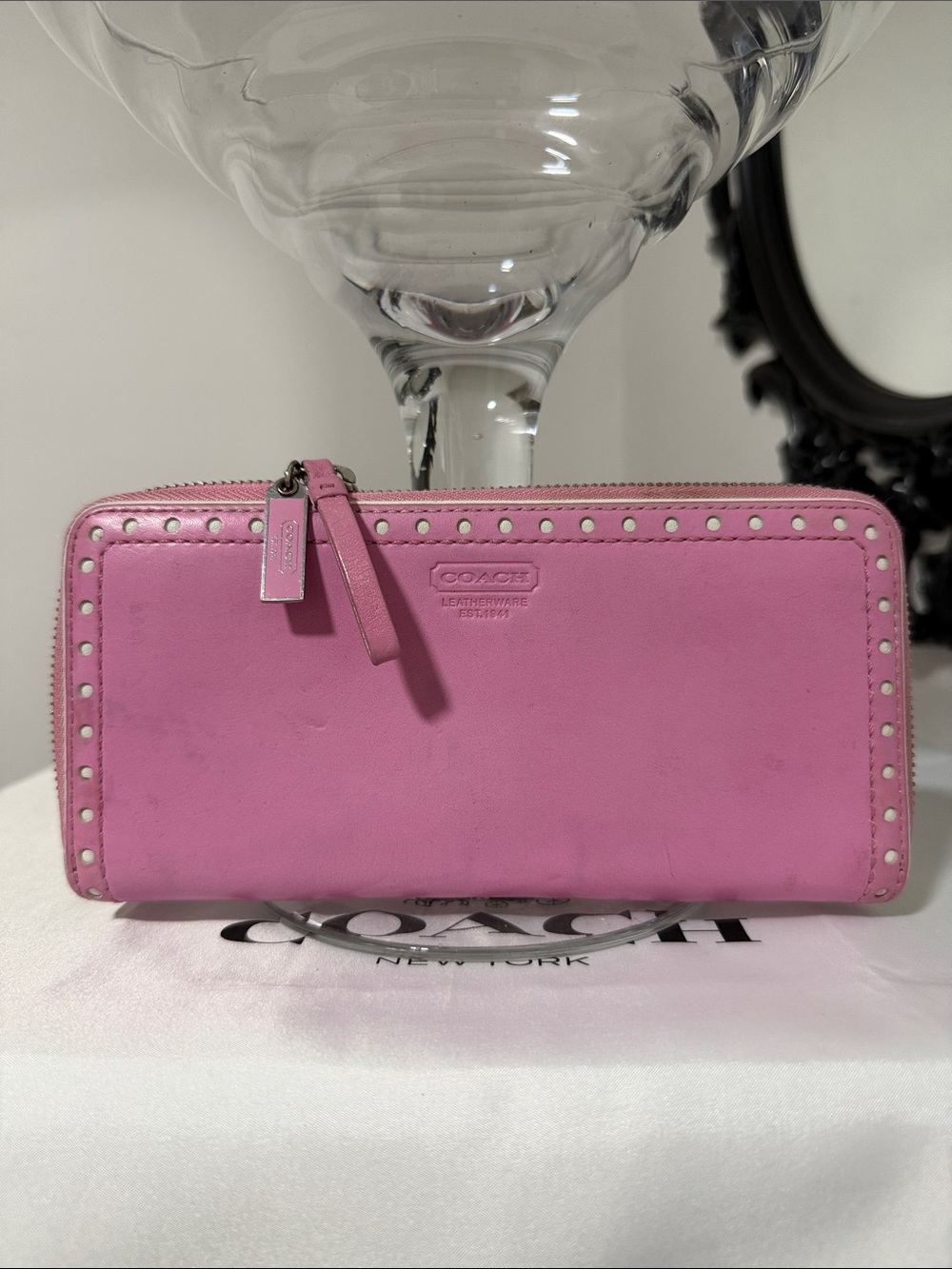 Coach Pink Leather Zip-Around Wallet with Stud Detailing